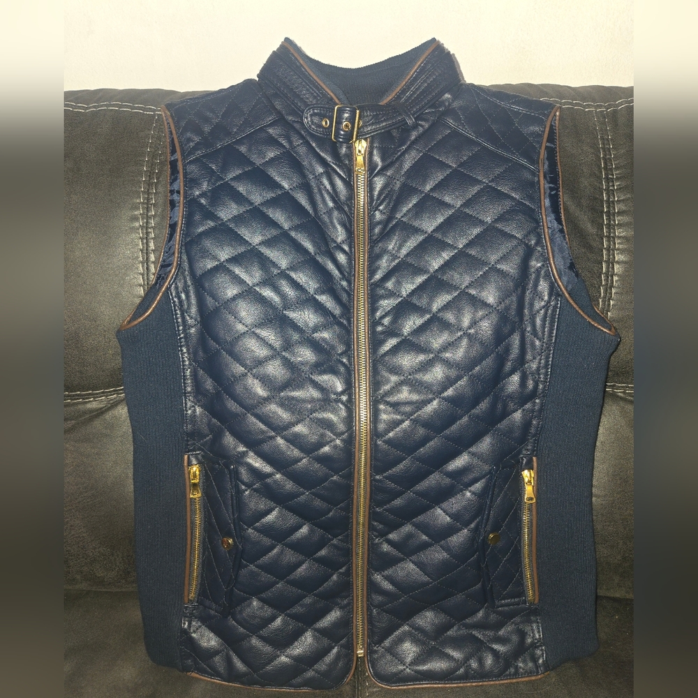 FATE Quilted Faux Leather Vest NAVY blue Medium